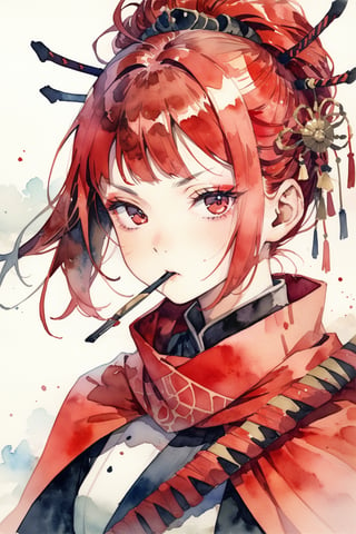 masterpiece, best quality, aesthetic,a woman,hair stick,light red hair,diagonal bangs,cape,scarf over mouth,dutch angle,samurai,portrait,watercolor \(medium\),straight eyebrows