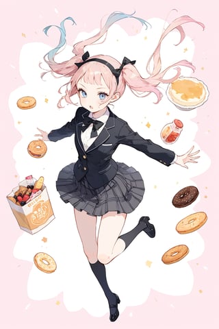 masterpiece, best quality, aethetic,Pretty woman,（Pale pink twintails1.2）,Black bow headband,Thin eyebrows,light blue eyes,thick bangs,:3,Touched,Facial flushing,mid-air leap,skirt suit,Snack background,illustration,pop aesthetic,Cleancore,full body