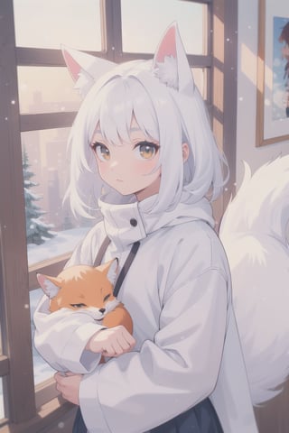 masterpiece, best quality, aesthetic,a fox girl,child,white hair,lang hair,amber eyes,Look out the window,winter landscape,Cozy,dusk,indoors,watercolor \(medium\),Color Booster,perfect light,High saturation