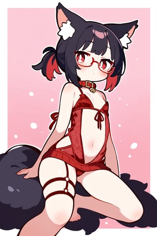 masterpiece, best quality,1girl,solo,Tekeli,black fox ears,animal ear fluff,black fox tail,black hair,red inner hair,short ponytail,sidelocks,(red eyes:1.3),red_glasses,fashion,cat_collar,blush,virgin killer lingerie,stirrup leggings,legwear garter,foot focus,off-shoulder sweater,flat chest,otoko no ko,white border