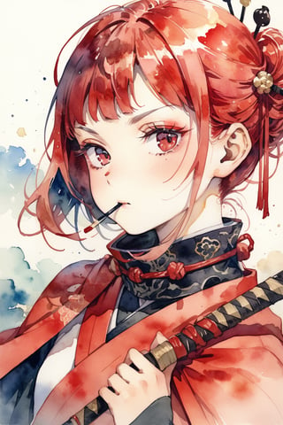 masterpiece, best quality, aesthetic,a woman,hair stick,light red hair,diagonal bangs,cape,scarf over mouth,dutch angle,samurai,portrait,watercolor \(medium\),straight eyebrows