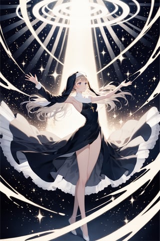 masterpiece, best quality, aesthetic,a nun,bright eyes,lace,floating sensation,Sideboob,holding the hope,stars,particle effects,extreme lighting and shadows,the boundary between light and shadow,highleg