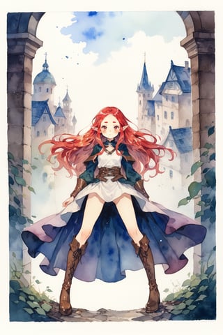 masterpiece, best quality, aesthetic,1girl,solo,elf,tareme,thick eyebrows,[yellow|red] hair,lang hair,hair tie,leather boots,long fall boots,pelvic curtain,,watercolor \(medium\),illustration background