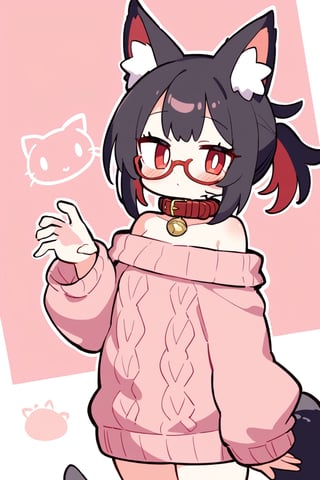 masterpiece, best quality,pokemon \(Mew)\,Tekeli,black fox ears,animal ear fluff,black fox tail,black hair,red inner hair,short ponytail,sidelocks,(red eyes:1.3),red_glasses,fashion,cat_collar,blush,off-shoulder sweater,flat chest,otoko no ko,white border,pokemon \(Mew)\