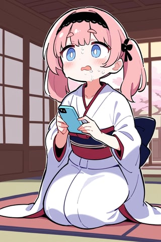 masterpiece, best quality,Pretty woman,(Pale pink twintails),Black bow headband,Thin eyebrows,light blue eyes,（Sakura kimono：1.4）,Long skirts,Facial flushing,Cherry blossom,thick bangs,((Holding a phone,Confused,contemplative tongue,Japanese-style room,Seiza))