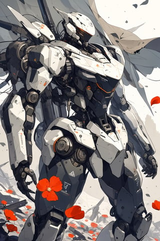 masterpiece, best quality, aethetic,robot,science fiction,rough,damaged, dirty,backpack,high-precision sensor,ash,flower,petals,wind,cape,geometric background