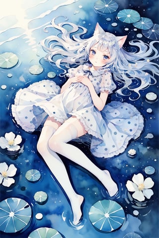 masterpiece, best quality, aesthetic,1woman,solo,cat girl,white hair,straight hair,white thighhighs,lying,fetal position,curled up,from above,polka dot,water ripple,water surface,reflection light,Reflection,watercolor \(medium\)