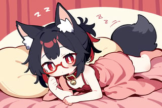 masterpiece, best quality,Tekeli,black fox ears,animal ear fluff,black fox tail,black hair,red inner hair,short ponytail,sidelocks,(red eyes:1.3),red_glasses,fashion,cat_collar,blush,flat chest,otoko no ko,sleepwear,sleeping,bed,night,zzz