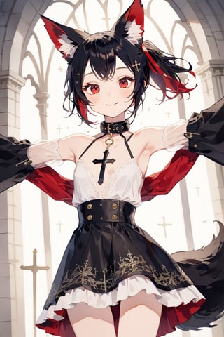 masterpiece, best quality, aesthetic,1girl,solo,Tekeli,black fox ears,animal ear fluff,black fox tail,black hair,red inner hair,(short ponytail:1.4),sidelocks,(red eyes:1.3),fashion,cat_collar,blush,church,natural light,bless you,cross hair accessory,smile,closed mouth,open arms