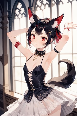 masterpiece, best quality, aesthetic,1girl,solo,Tekeli,black fox ears,animal ear fluff,black fox tail,black hair,red inner hair,(short ponytail:1.4),sidelocks,(red eyes:1.3),fashion,cat_collar,blush,church,natural light,bless you,cross hair accessory,smile,closed mouth,open arms,spread armpit