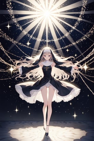 masterpiece, best quality, aesthetic,a nun,bright eyes,lace,floating sensation,Sideboob,holding the hope,stars,particle effects,extreme lighting and shadows,the boundary between light and shadow,highleg