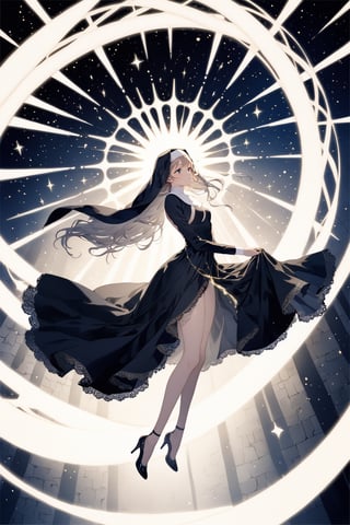 masterpiece, best quality, aesthetic,a nun,bright eyes,lace,floating sensation,Sideboob,holding the hope,stars,particle effects,extreme lighting and shadows,the boundary between light and shadow,highleg