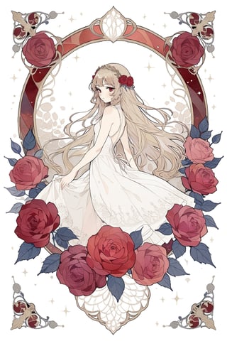 masterpiece, best quality, aesthetic,1girl,art nouveau,Long hair,rose,stenciled rose,Red tones