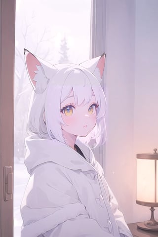 masterpiece, best quality, aesthetic,a fox girl,child,white hair,lang hair,amber eyes,Look out the window,winter landscape,Cozy,dusk,indoors,watercolor \(medium\),Color Booster,perfect light,High saturation