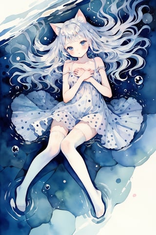 masterpiece, best quality, aesthetic,1woman,solo,cat girl,white hair,straight hair,white thighhighs,lying,fetal position,curled up,from above,polka dot,water ripple,water surface,reflection light,Reflection,watercolor \(medium\)