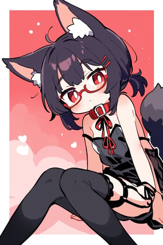 masterpiece, best quality,1girl,solo,Tekeli,black fox ears,animal ear fluff,black fox tail,black hair,red inner hair,short ponytail,sidelocks,(red eyes:1.3),red_glasses,fashion,cat_collar,blush,virgin killer lingerie,stirrup leggings,legwear garter,foot focus,off-shoulder sweater,flat chest,otoko no ko