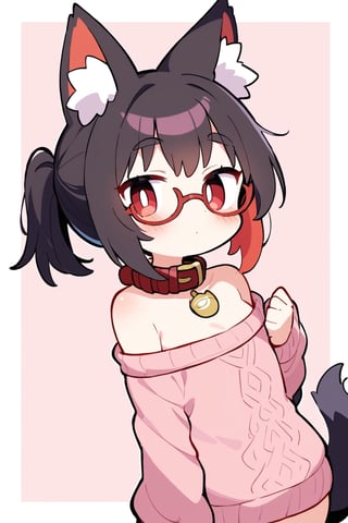 masterpiece, best quality,pokemon \(Mew)\,Tekeli,black fox ears,animal ear fluff,black fox tail,black hair,red inner hair,short ponytail,sidelocks,(red eyes:1.3),red_glasses,fashion,cat_collar,blush,off-shoulder sweater,flat chest,otoko no ko,white border,pokemon \(Mew)\