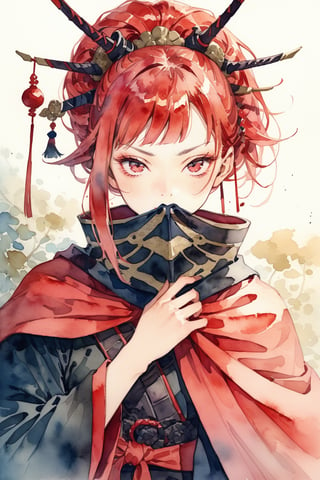 masterpiece, best quality, aesthetic,a woman,hair stick,light red hair,diagonal bangs,cape,scarf over mouth,dutch angle,samurai,portrait,watercolor \(medium\),straight eyebrows