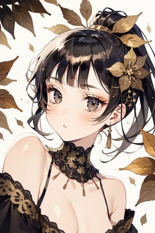 masterpiece, best quality, aesthetic,a sexy woman,((black lang hair)),hair ornament,straight eyebrows,brown-toned makeup,brown makeup look,thick bangs,ponytail holder,fringe,narrow eyes,(golden leaf:0.6)