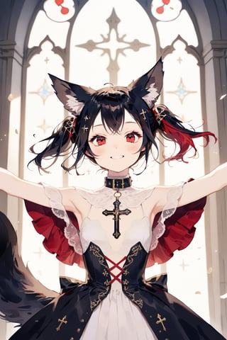 masterpiece, best quality, aesthetic,1girl,solo,Tekeli,black fox ears,animal ear fluff,black fox tail,black hair,red inner hair,(short ponytail:1.4),sidelocks,(red eyes:1.3),fashion,cat_collar,blush,church,natural light,bless you,cross hair accessory,smile,closed mouth,open arms