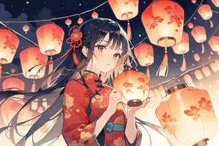 masterpiece, best quality, aesthetic,1girl,black straight hair BREAK red china dress,Holding the Fu character,Chinese knot,lantern
,close-up,:),night,Spring Festival