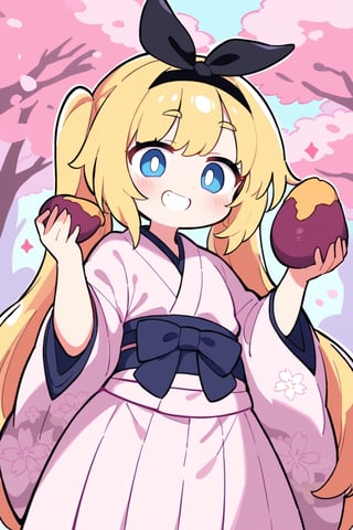 masterpiece, best quality,Pretty woman,（Pale pink twintails1.2）,Black bow headband,Thin eyebrows,light blue eyes,（Sakura kimono：1.4）,Long skirts,Touched smile,gentle smile,Facial flushing,Cherry blossom,thick bangs,((Holding up a sweet potato,Holding a sweet potato,look of admiration)),sparkle,Making an entrance,Focused attention_potato