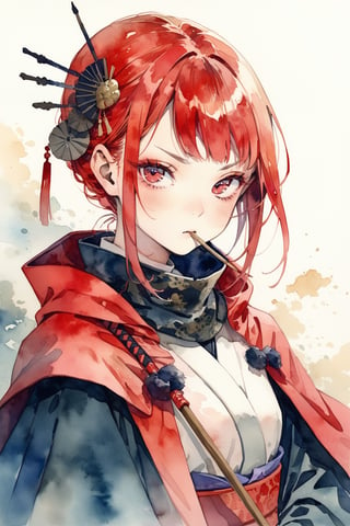 masterpiece, best quality, aesthetic,a woman,hair stick,light red hair,diagonal bangs,cape,scarf over mouth,dutch angle,samurai,portrait,watercolor \(medium\),straight eyebrows