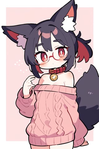 masterpiece, best quality,pokemon \(Mew)\,Tekeli,black fox ears,animal ear fluff,black fox tail,black hair,red inner hair,short ponytail,sidelocks,(red eyes:1.3),red_glasses,fashion,cat_collar,blush,off-shoulder sweater,flat chest,otoko no ko,white border,pokemon \(Mew)\