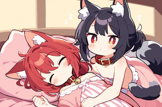 masterpiece, best quality,Tekeli,black fox ears,animal ear fluff,black fox tail,black hair,red inner hair,short ponytail,sidelocks,(red eyes:1.3),,fashion,cat_collar,blush,flat chest,otoko no ko,sleepwear,sleeping,bed,night,zzz,eyes closed