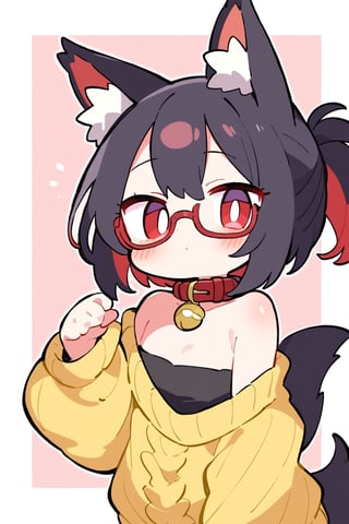 masterpiece, best quality,pokemon \(Mew)\,Tekeli,black fox ears,animal ear fluff,black fox tail,black hair,red inner hair,short ponytail,sidelocks,(red eyes:1.3),red_glasses,fashion,cat_collar,blush,off-shoulder sweater,flat chest,otoko no ko,white border,pokemon \(Mew)\