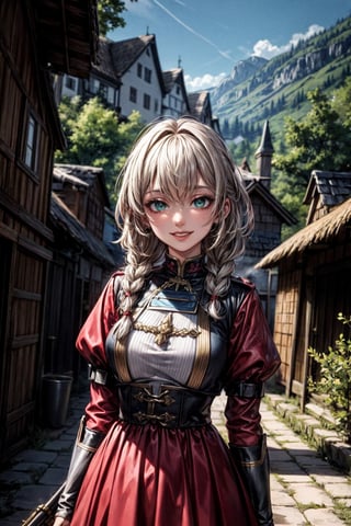 "Polish fusilier girl from the 15th century, with long braided brown hair, green eyes, smiling, wearing slightly worn traditional Polish military attire in red and white. Polish musket on her back. Polish village with wooden and stone houses, thatched roofs, villagers in traditional and peasant clothes joyfully and respectfully welcoming the girl. Lush forest background. Anime 2D style, colorful, detailed, emotional, heroic. ((Best quality)), ((Masterpiece)), (Detailed)."