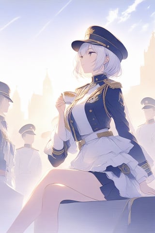 unreal engine, insanely detailed, beautifully lit, woman with white hair, wears white military parade uniform with Epaulettes and aiguillette on it, a white peaked cap, sitting with crossed legs and sipping a tea