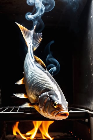 1 fish is running out from the oven, (body is burning with fire and smoke), funny, interesting, dramatic, masterpiece, best quality,
