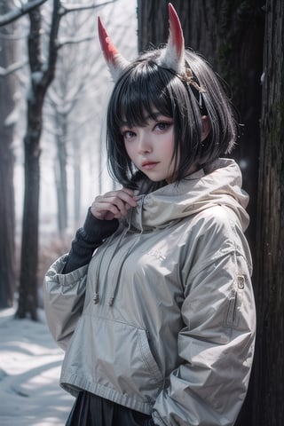 absurdres, [perfect shadows and lighting], detailed background, incredible high-key lighting, masterpiece, high quality, detailed, extremely detailed, ambient soft lighting, 4K, 1girl, looking at viewer, solo, no helmet, fully covered,(((cute, ))), thin, snowing, (( shuten douji)), pullover, winter forest background,  winter, warm clothes 