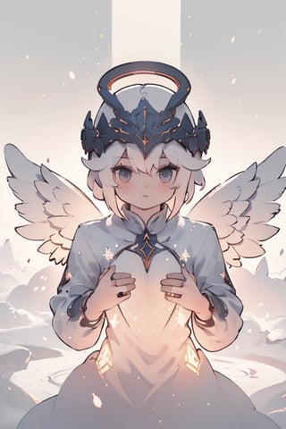 absurdres, [perfect shadows and lighting], detailed background, incredible high-key lighting, masterpiece, high quality, detailed, extremely detailed, ambient soft lighting, 4K, 1girl, looking at viewer, solo, emb3r4rmor, no helmet, fully covered,(((shades of white, cute, ))), angel wings, doughtnut halo, thin, snowing, (cotton candy dress,) cute armored angel, (((bible accurate angel))), lance in one hand, ready to strike, lance raised 