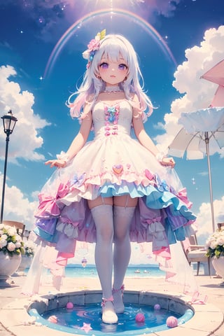 ((((1girl, bright white hair, long hair, purple eyes, pale skin, lolita dress, white dress, short dress, white thigh stockings, small breasts, pale skin, soft skin, rainbow, hearts, pastel, crystals, halo, colorful, doll, pink, purple, blue))))
((1girl standing))
((flat ground, ground with white water, ground with glowing pastel rainbow color running through water))
((sky with clouds, sphere of magical white energy in the top of the sky, pastel rainbow sparkles on the edge of sphere of magical white energy, magical ribbons of pastel rainbow colors sirwling into sphere of magical white energy in top the sky))
((lots of dolls everywhere))
((light atmosphere))
(fluffy, soft, light, bright, sparkles, twinkle, cute, pink, purple, blue, clouds, pastel, light colors, glitter, happy, normal pupil)
best quality, masterpiece, Detailedface, high_res 8K, candyland, full background, candy, sweets, lollipop, chocolate, ice cream, swirl lollipop, strawberry, ice cream, doughnut, cake, cupcake, balloon, chocolate bar, bubble, cream, whipped cream, dessert, pastry, candy wrapper, icing, teacup, confetti, cotton candy, Cute girl,score_9_up,best quality