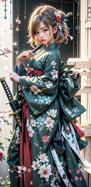 1girl, solo, looking at viewer, short hair, bangs, blonde hair, hair ornament, long sleeves, bow, holding, green eyes, standing, weapon, flower, japanese clothes, sword, hair flower, wide sleeves, kimono, sash, petals, obi, floral print, katana, red flower, sheath, hakama, sheathed, white kimono