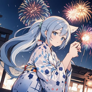 In a yukata, with light blue hair, cat ears, a side ponytail, fireworks in the background, low angle.
