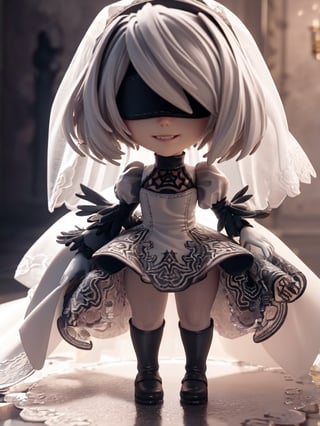 masterpiece, best quality, high resolution, PVC, render, chibi, chibi figure, high resolution, solo girl, 2B, NieR: Automata, smiling, selfish, chibi, grinning, self-satisfied, full body, chibi, 3D figure, full moon background, toy, doll, ruanyi0263, bridal veil, wedding dress, veil, white dress, bride, lace, silver hair, bob hair, character print, front view, natural light, ((realistic)) quality: 1.2), dynamic pose, cinematic lighting, perfect composition, bridal veil, ruanyi0263,2b