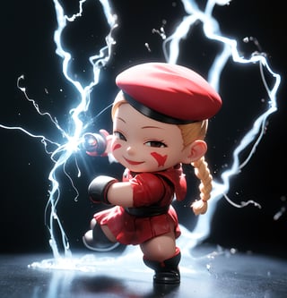 masterpiece, best quality, high resolution, PVC, render, chibi, high resolution, single woman, Street Fighter, cammy, Cammy White (character name), red beret, camouflage face paint, confident smile, legendary fighting, skills, martial arts expert,lightning ,(Black background:1.5),1girl,solo,fighting stance,, solo, fighting stance,  smiling, selfish target, chibi, persona 3 world, smiling, grinning, self-satisfied, full body, chibi, 3D figure, toy, doll, character print, front view, natural light, ((realistic)) 1.2)), dynamic pose, medium movement, perfect cinematic perfect lighting, perfect composition, chunlims,CAMMY