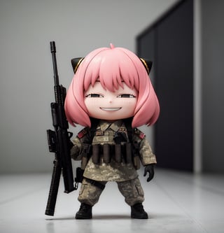 Masterpiece, highest quality, high resolution, PVC, rendering, chibi, high resolution, one girl, Anya Forger, pink hair, bob hair, military uniform, taskforce, weapon, gun, military  assault rifle,  holding weapon, digitalcamouflage,gloves,military vehicle, , gray eyes, smile, Selfish Target, Chibi, Mediterranean Cityscape, Smile, Smile, Self-Justice, Full Body, Chibi, 3D Figure, Toy, Doll, Character Print, Front View, Natural Light, ((Real)) 1.2)), Dynamic Pose, Medium movement, perfect cinematic perfect lighting, perfect composition,  anya_forger_spyxfamily,,Military