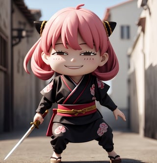 masterpiece, top quality, high resolution, PVC, render, chibi, high resolution, single girl, Anya Forger, pink hair, bob hair, Japanese Sengoku period ninja, wearing traditional ninja kimono, holding sword, gray eyes, smiling, selfish target, chibi, Mediterranean cityscape, smiling, smiling, self-righteousness, full body, chibi, 3D figure, toy, doll, character print, front view, natural light, ((realistic)) 1.2)), dynamic pose, medium movement, perfect cinematic perfect lighting, perfect composition, anya_forger_spyxfamily, , ninja