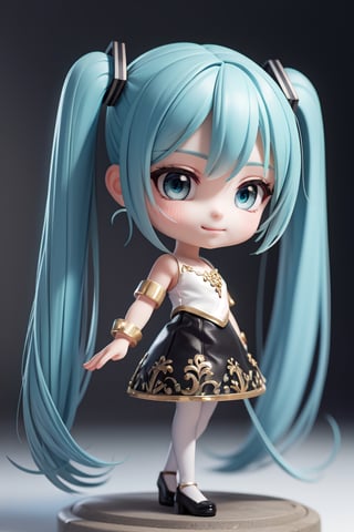 ((1 person)), Hatsune Miku, petite girl, full body, chibi, 3D figure girl, green hair, twin tails, beautiful girl with great detail, beautiful and delicate eyes, face with great detail, beautiful eyes, 
wearing wrenchpjbss, dupatta, embroidery, black dress, evil smile, dynamic beautiful pose, dynamic pose, gothic architecture, natural light, ((real)) quality: 1.2), dynamic distance shot, cinematic lighting, perfect composition, super detail, official art, masterpiece, (best) quality: 1.3), reflection, high resolution CG Unity 8K wallpaper, detailed background, masterpiece, (photorealistic): 1.2), random angle, side angle, chibi, full body, mikdef, ,white dress,wearing wrenchpjbss