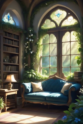 a cozy fantasy reading room, white washed, a cozy blue couch by the window, flower vines, indoor garden, flowers, sunlight, cinematic_lighting, book shelves, lush forest outside, window, French doors, white curtains,Extremely Realistic, 