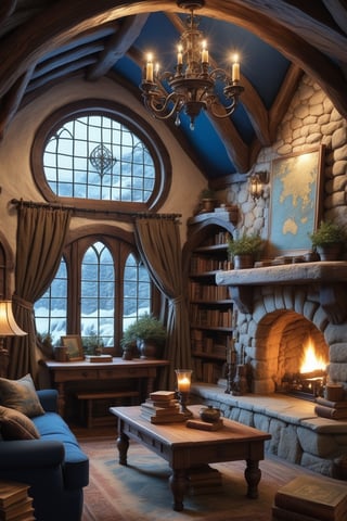 //quality, (masterpiece:1.4), (detailed), ((,best quality,)),//a cozy circular cabin interior, medieval decor, fantasy vibe, foliage, blue interior, fireplace, hearth, 3 point perspective, a wooden coffee table, cozy bed, (snowfall outside), scrolls, books, bookshelf, map on the wall, window, built over a cliff,chandelier, central bed, hobbit house