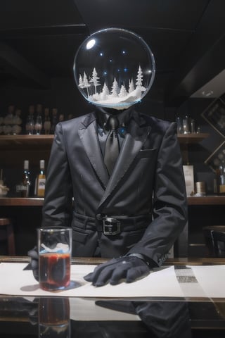 A waist up shot of a thin man sitting at a bar, wearing an all black suit with a clear glass snowglobe for a head. The snowglobe contains a miniature victorian house in a thunderstorm., snow globe as head,allblacksuit