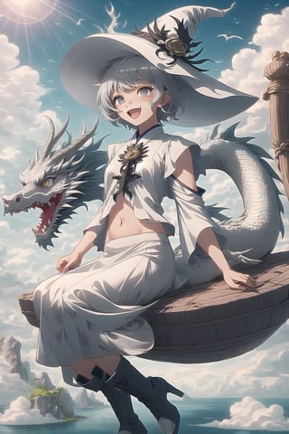  best quality, masterpiece

White Oriental Dragon Girl with short hair, white eyes, freckles. Short transparent gray blouse, revealing the navel, silver skirt, gray punk style boots. On a small island floating in the sky. It is surrounded by more islands in the sky. Sunny with wind, white witch hat, happy, excited, confident, powerful 

