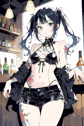 
Girl with long black hair, blue eyes, twin pigtails, with small tattoos, black shoulderless gothic style blouse, showing her navel, medium breasts, black shorts, in a bar Colorful and detailed image, masterpiece, best quality, aesthetic,


