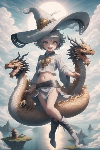  best quality, masterpiece

White Oriental Dragon Girl with short hair, white eyes, freckles. Short transparent gray blouse, revealing the navel, silver skirt, gray punk style boots. On a small island floating in the sky. It is surrounded by more islands in the sky. Sunny with wind, white witch hat, happy, excited, confident, powerful 

