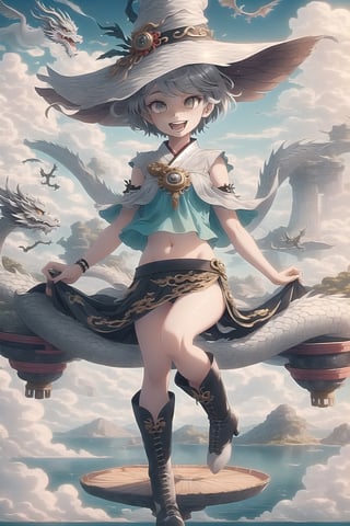  best quality, masterpiece

White Oriental Dragon Girl with short hair, white eyes, freckles. Short transparent gray blouse, revealing the navel, silver skirt, gray punk style boots. On a small island floating in the sky. It is surrounded by more islands in the sky. Sunny with wind, white witch hat, happy, excited, confident, powerful 

